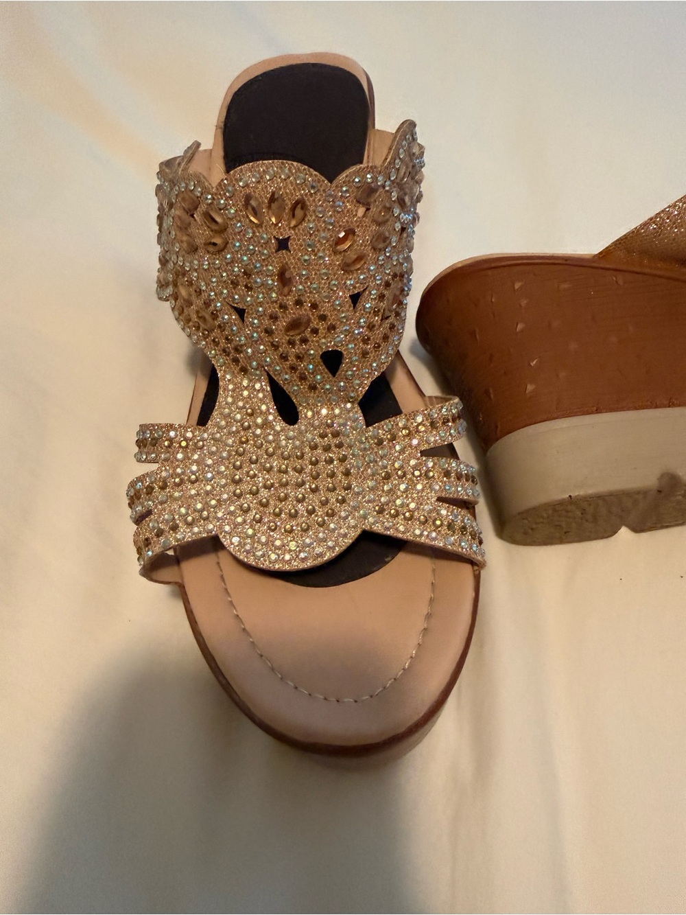 Sparkling Nude Wedge Sandals with Crystal Detailing